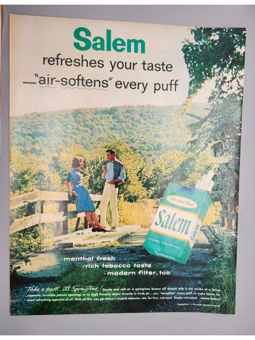 Vintage Salem Cigarettes 1960s Advertising Print - Menthol Fresh Filter Ad 13x10